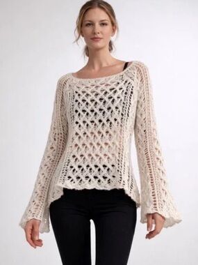 Free People Pegasus Ivory Open Crochet Knit Sweater Large